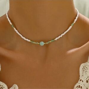 NEW 18k gold plated  Jade Green and White Seed Beaded Necklace